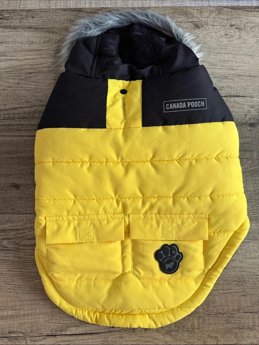 Canada Pooch Yellow & Black Insulated Dog Parka with Faux Fur Hood